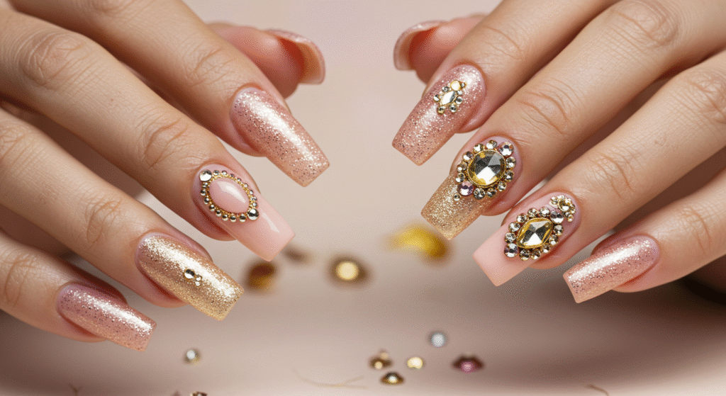 Embedded Stones and Jewels Nail Art for Karwa Chauth