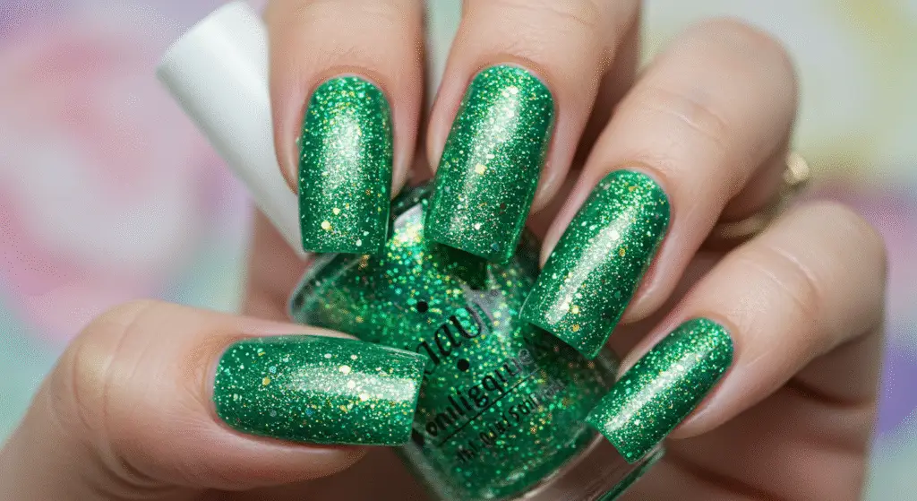Get glitter green color nail art