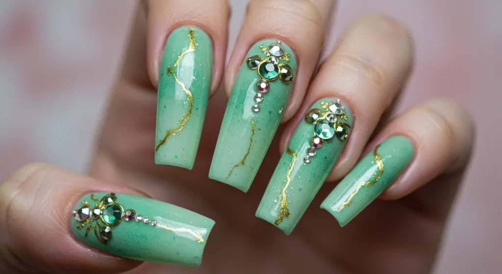 Get green colour nail art stone work