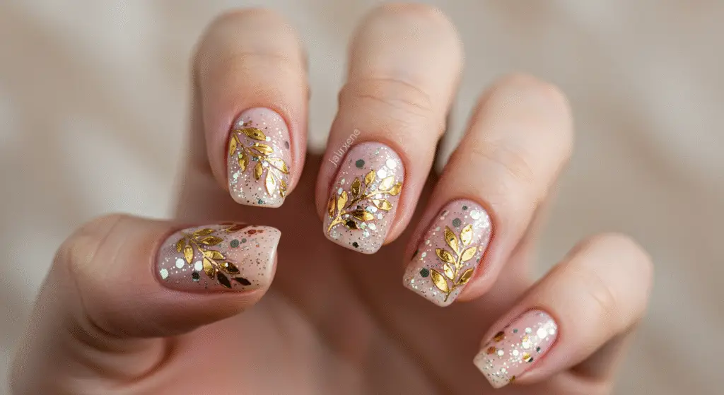 Leaf Design Glitter Nail Art