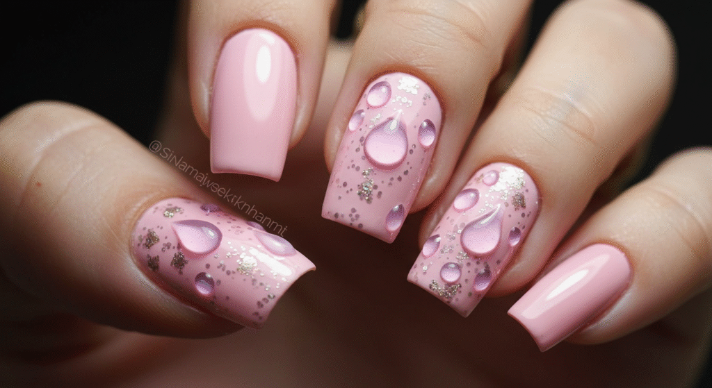 Water Drops and Pink Nail Art for Karwa Chauth