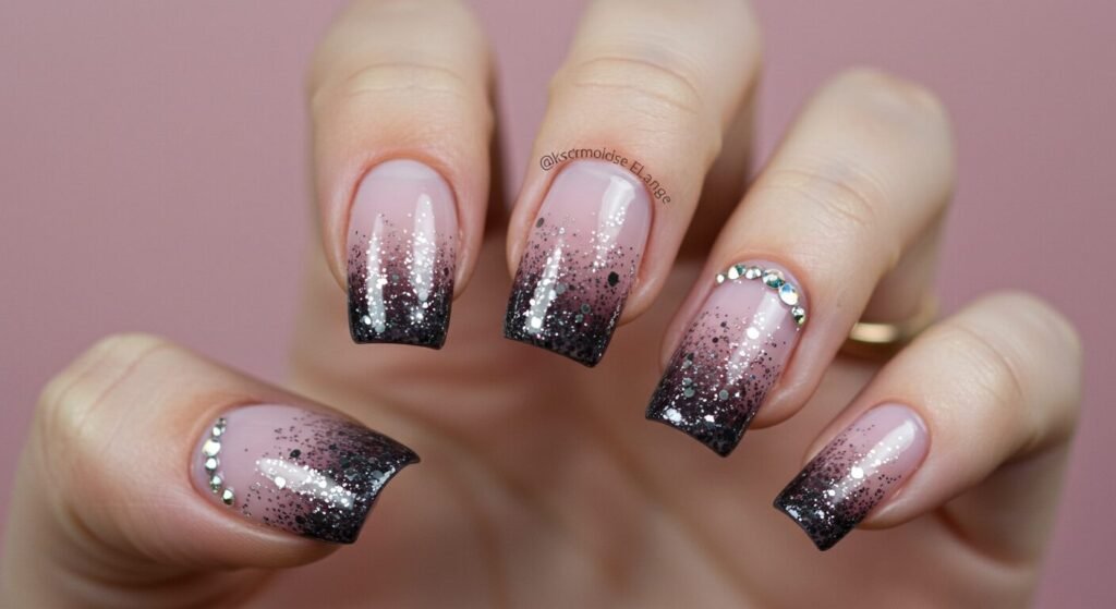 Smokey ombre nail art with glitter design
